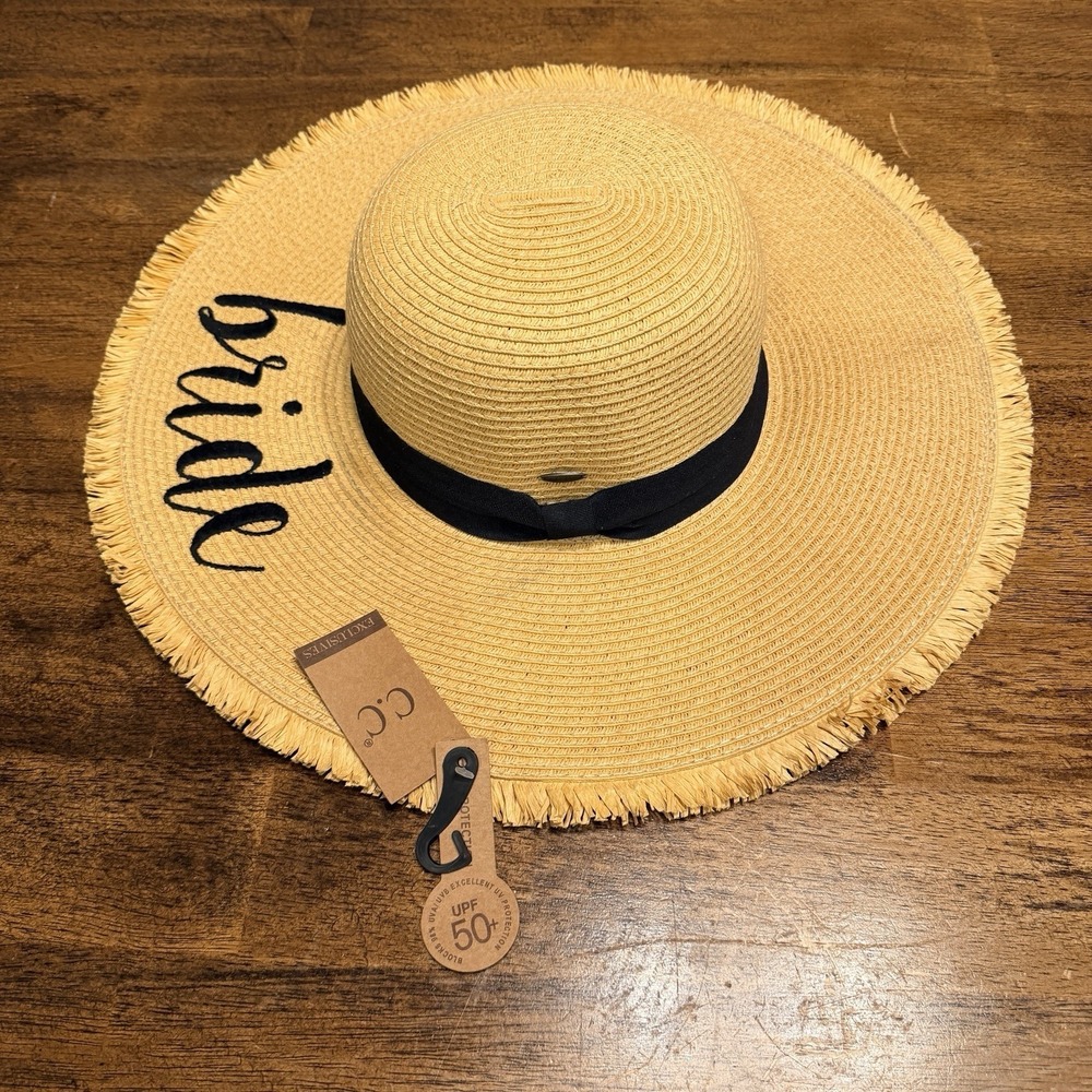 C.C Exclusive Women's Straw Wide Brim Sun Hat w/ Ribbon Band BRIDE
